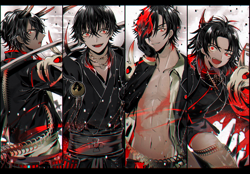 4boys :d abandon_ranka absurdres alternate_eye_color alternate_hair_color black_gloves black_hair column_lineup dark_persona eyepatch gloves hand_on_own_cheek highres horns huge_filesize japanese_clothes katana male_focus multiple_boys ookurikara open_clothes open_mouth open_shirt red_eyes shokudaikiri_mitsutada shorts smile sword taikogane_sadamune touken_ranbu tsurumaru_kuninaga uneven_eyes weapon