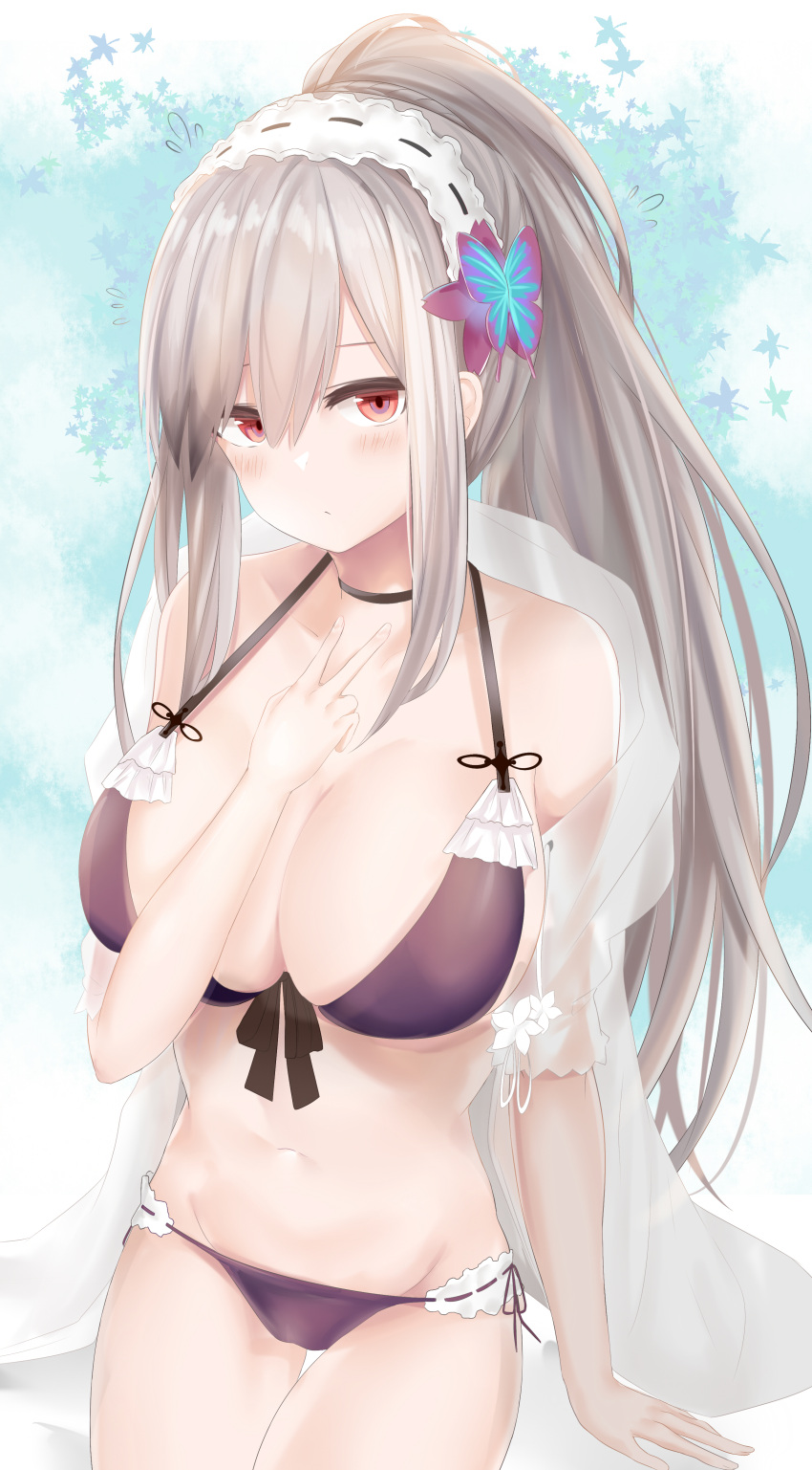 1girl absurdres alternate_costume arm_support azur_lane bangs bikini blush braid breasts choker cleavage closed_mouth collarbone commentary_request crown_braid dunkerque_(azur_lane) earrings flower flying_sweatdrops front-tie_bikini front-tie_top grey_hair groin hair_between_eyes hair_flower hair_ornament hairband hand_up highres jewelry large_breasts long_hair looking_at_viewer navel pink_eyes ponytail purple_bikini ru_zhai see-through shirt sidelocks sitting solo stomach swimsuit thighs white_shirt