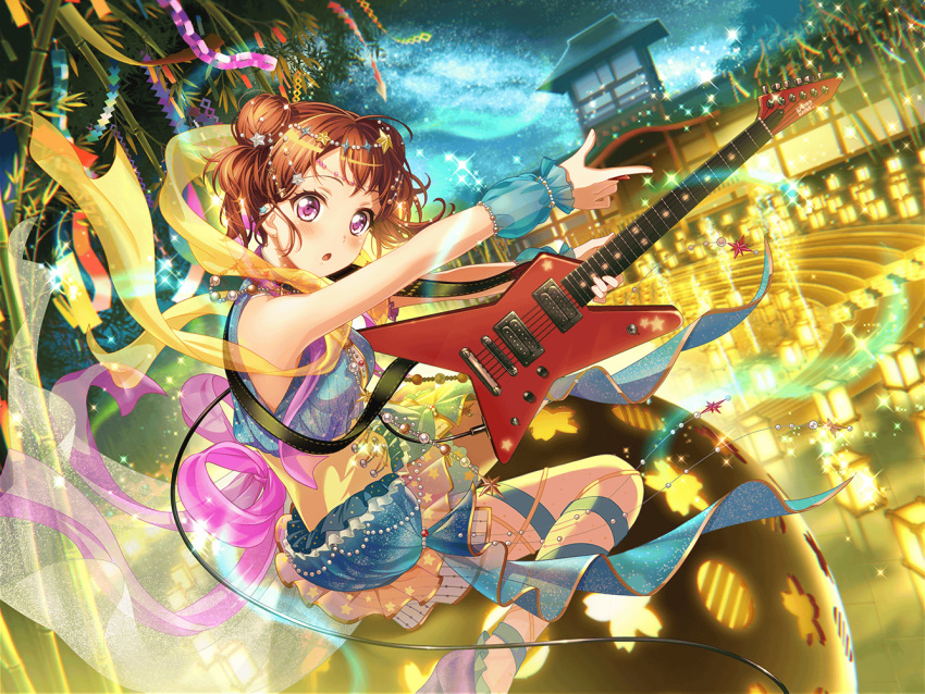 1girl alternate_hairstyle bamboo_print bang_dream! bench blush brown_hair drss east_asian_architecture guitar holding_instrument lights looking_at_viewer official_art open_mouth short_hair solo star_hair_ornament starry_sky tanabata toyama_kasumi violet_eyes