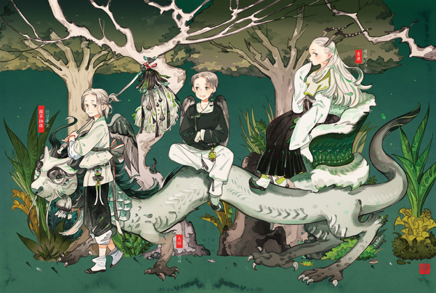 1boy 2girls :d black_skirt black_wings blush chair crossed_arms dragon eastern_dragon fantasy garden grey_hair hand_up horns long_sleeves looking_at_viewer multiple_girls on_animal open_mouth original outdoors over_shoulder pants sitting skirt sleeves_past_fingers sleeves_past_wrists smile standing tree white_footwear white_hair white_pants wings zzinp