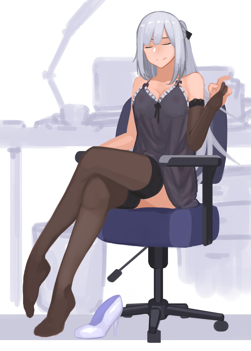 1girl absurdres ak-12_(girls_frontline) breasts cleavage closed_eyes closed_mouth dress fantasia_var girls_frontline highres long_hair no_shoes pantyhose silver_hair simple_background sitting smile solo tagme