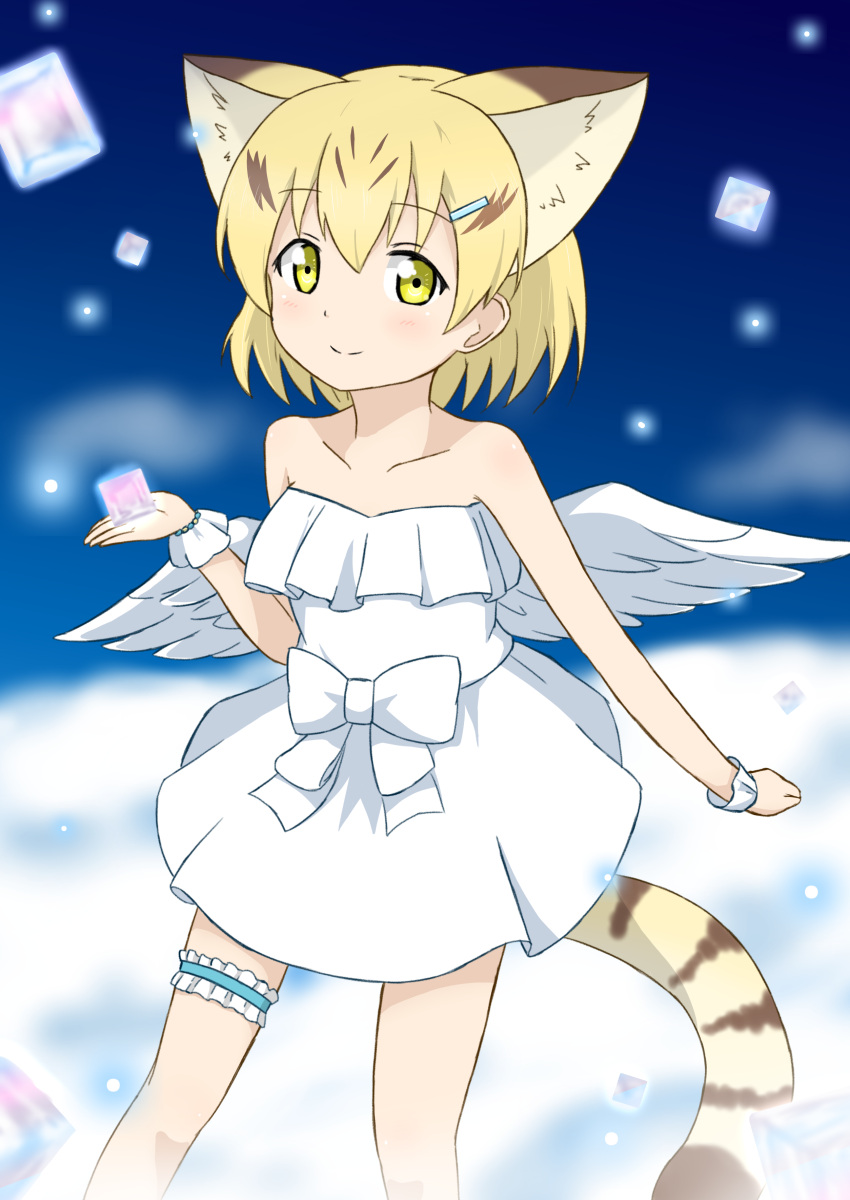 1girl absurdres angel_wings animal_ears bare_shoulders blonde_hair cat_ears cat_tail clouds collarbone commentary cube dress extra_ears hair_ornament hairclip highres kemono_friends leg_garter looking_at_viewer sand_cat_(kemono_friends) sandstar shiraha_maru short_hair smile solo strapless strapless_dress tail white_dress wings wrist_cuffs yellow_eyes