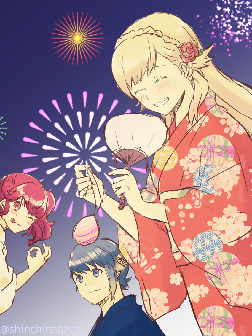 1boy 2girls absurdres alfonse_(fire_emblem) anna_(fire_emblem) blonde_hair blue_hair blush braid breasts closed_mouth festival fire_emblem fire_emblem_heroes highres japanese_clothes kimono long_hair looking_at_viewer multicolored_hair multiple_girls nishimura_(nianiamu) open_mouth ponytail redhead sharena short_hair simple_background smile white_background