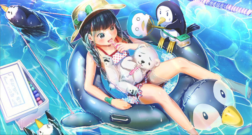 1girl abo_(kawatasyunnnosukesabu) afloat animal animal_on_lap bangs barefoot bear bird black_eyes black_hair blue_flower bow braid commentary_request cooler eating fan fanning flower green_bow hat hat_bow hat_flower highres ice ice_cube inflatable_penguin innertube long_hair open_mouth original paper_fan penguin polar_bear polka_dot pool smile solo sun_hat sweat sweatdrop swimming swimsuit tankini tupet twin_braids uchiwa v-shaped_eyebrows water wristband