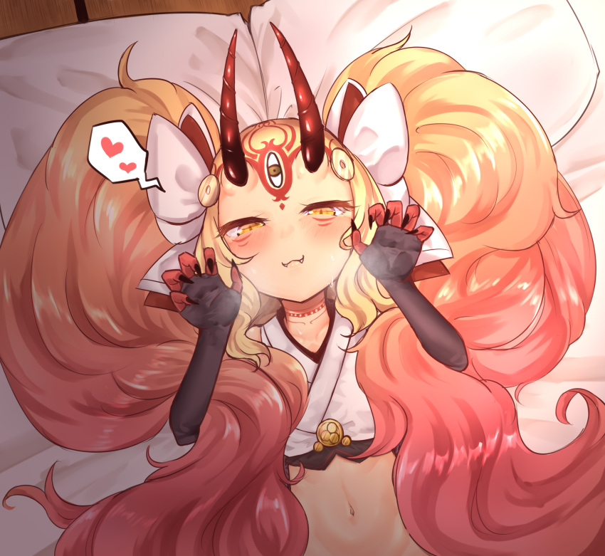 1girl :3 bed_sheet big_hair black_nails blonde_hair blush bow closed_mouth collarbone commentary_request crop_top dutch_angle facial_mark fangs fangs_out fate/grand_order fate_(series) fingernails forehead_mark gradient_hair hair_bow half-closed_eyes hands_up heart highres horns ibaraki_douji_(fate/grand_order) japanese_clothes kimono long_fingernails long_hair lying makano_mucchi multicolored_hair nail_polish navel on_back oni oni_horns orange_eyes pillow redhead sharp_fingernails short_kimono solo spoken_heart sweat twintails very_long_hair white_bow white_kimono