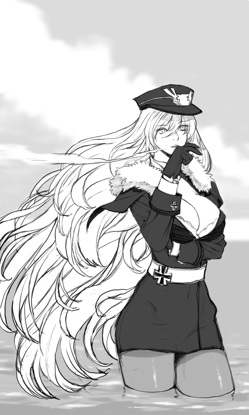 1girl absurdres azur_lane breasts cigarette cleavage gloves graf_zeppelin_(azur_lane) greyscale hand_on_breast hat highres long_hair looking_away military military_hat military_uniform monochrome radiocupcake simple_background smoking solo uniform