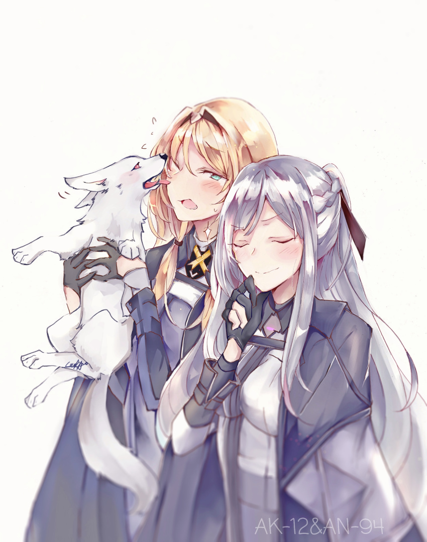 2girls absurdres ak-12_(girls_frontline) an-94_(girls_frontline) bangs blonde_hair blush closed_eyes cocoka dog girls_frontline gloves green_eyes hairband hand_on_head highres jacket long_hair multiple_girls one_eye_closed open_mouth silver_hair simple_background smile tagme yuri