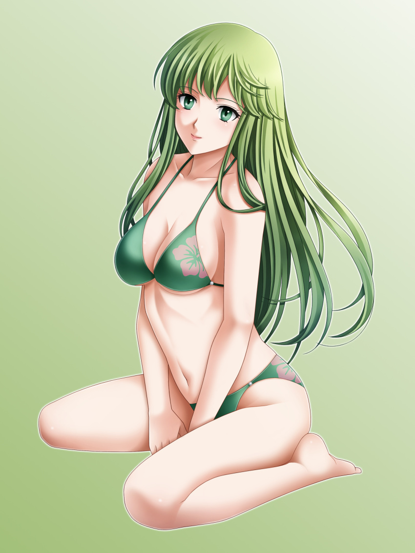 1girl absurdres bikini breasts cleavage closed_mouth cute fire_emblem fire_emblem:_mystery_of_the_emblem green_background green_bikini green_eyes green_hair hibiscus_print highres intelligent_systems long_hair medium_breasts navel nintendo palla_(fire_emblem) paola simple_background sitting solo swimsuit tamamon