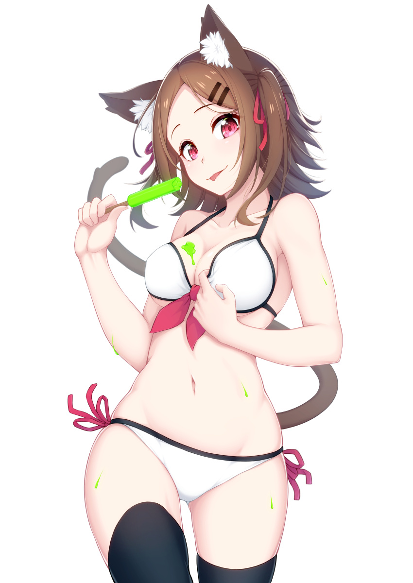 1girl :p absurdres animal_ears ass_visible_through_thighs bangs bare_arms bare_shoulders bikini black_legwear breasts brown_hair cat_ears cat_girl cat_tail cleavage commentary_request eyebrows_visible_through_hair food food_on_body food_on_breasts front-tie_bikini front-tie_top hair_ornament hair_ribbon hairclip head_tilt highres holding holding_food long_hair looking_at_viewer medium_breasts navel ochiai_miyabi original parted_bangs parted_lips popsicle red_eyes red_ribbon ribbon side-tie_bikini simple_background smile solo swimsuit tail tail_raised thigh-highs tongue tongue_out two_side_up white_background white_bikini