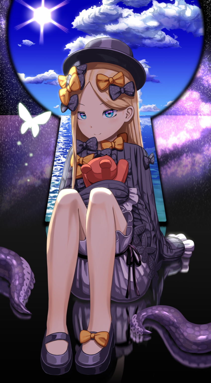 &gt;:) 1girl abigail_williams_(fate/grand_order) absurdres bangs black_bow black_dress black_footwear black_hat blonde_hair bloomers blue_eyes blue_sky blush bow bug butterfly closed_mouth clouds commentary_request day dress fate/grand_order fate_(series) forehead hair_bow hat highres horizon insect keyhole long_hair long_sleeves mary_janes object_hug ocean orange_bow parted_bangs polka_dot polka_dot_bow reflection sanbe_futoshi shoes sitting sky sleeves_past_fingers sleeves_past_wrists smile solo stuffed_animal stuffed_toy suction_cups sun sunlight teddy_bear tentacle underwear v-shaped_eyebrows very_long_hair water white_bloomers