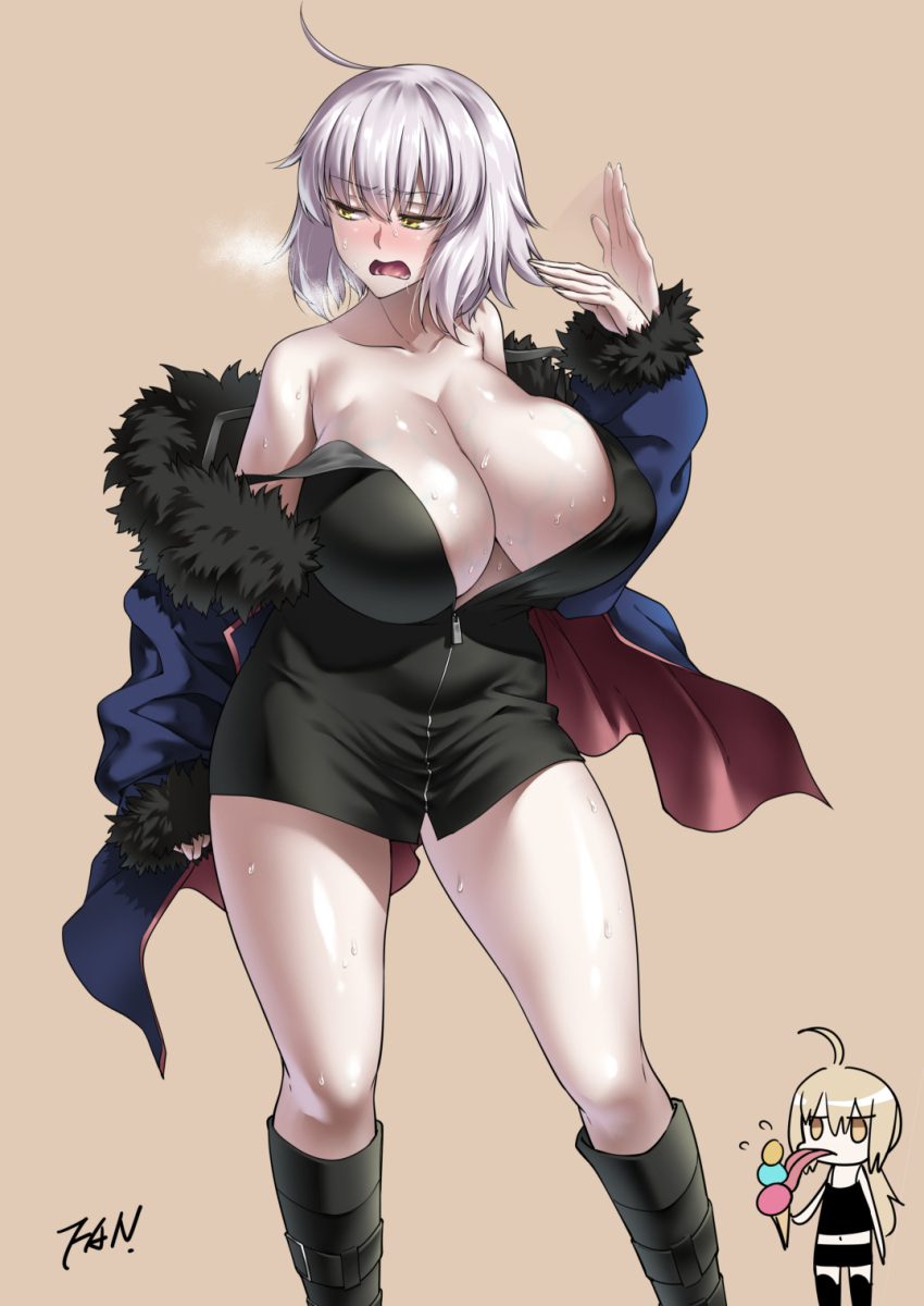 ahoge artoria_pendragon_(all) bare_shoulders black_footwear blonde_hair boots breasts brown_background collarbone f.w.zholic fate/grand_order fate_(series) food fur_trim highres hot huge_breasts ice_cream jeanne_d'arc_(alter)_(fate) jeanne_d'arc_(fate)_(all) long_hair long_sleeves looking_to_the_side open_mouth saber_alter short_hair silver_hair simple_background standing sweat unzipped wavy_mouth yellow_eyes