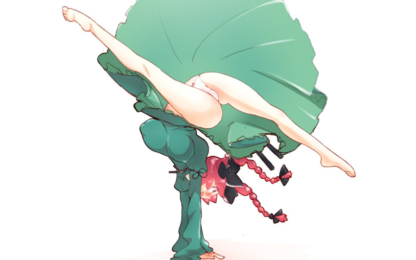 1girl ass bare_legs barefoot blush bouncing_breasts bow bow_panties braid breasts covered_nipples dress handstand kaenbyou_rin large_breasts long_hair non_(z-art) panties pantyshot red_eyes redhead ribbon simple_background smile tongue touhou unaligned_breasts underwear upskirt white_panties