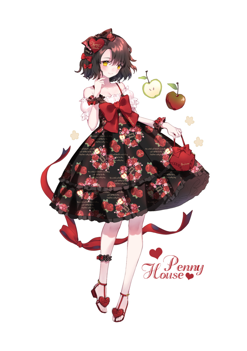 1girl absurdres ankle_strap apple_print bag bangs black_bow black_dress black_hair black_scrunchie blush bow breasts cleavage clothes_writing collarbone detached_sleeves dress frilled_dress frills full_body hair_bow hair_ornament hand_up handbag heart heart_hair_ornament highres holding holding_bag leg_strap lolita_fashion looking_at_viewer original print_dress red_bow red_footwear red_ribbon ribbon scrunchie short_hair solo white_background wrist_scrunchie yellow_eyes yuzhi
