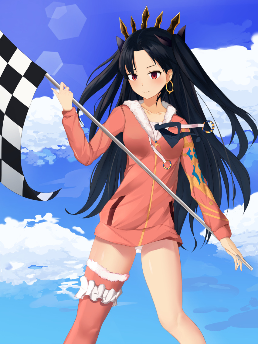 1girl absurdres bangs black_hair black_ribbon blue_sky blush checkered checkered_flag closed_mouth clouds commentary_request day ds_a earrings fate/grand_order fate_(series) flag forehead fur-trimmed_jacket fur-trimmed_legwear fur_trim hair_ribbon highres holding holding_flag hoop_earrings ishtar_(fate/grand_order) ishtar_(swimsuit_rider)_(fate) jacket jewelry long_hair long_sleeves outdoors parted_bangs pink_jacket red_eyes red_legwear ribbon single_thighhigh sky smile solo standing thigh-highs tiara tohsaka_rin two_side_up very_long_hair