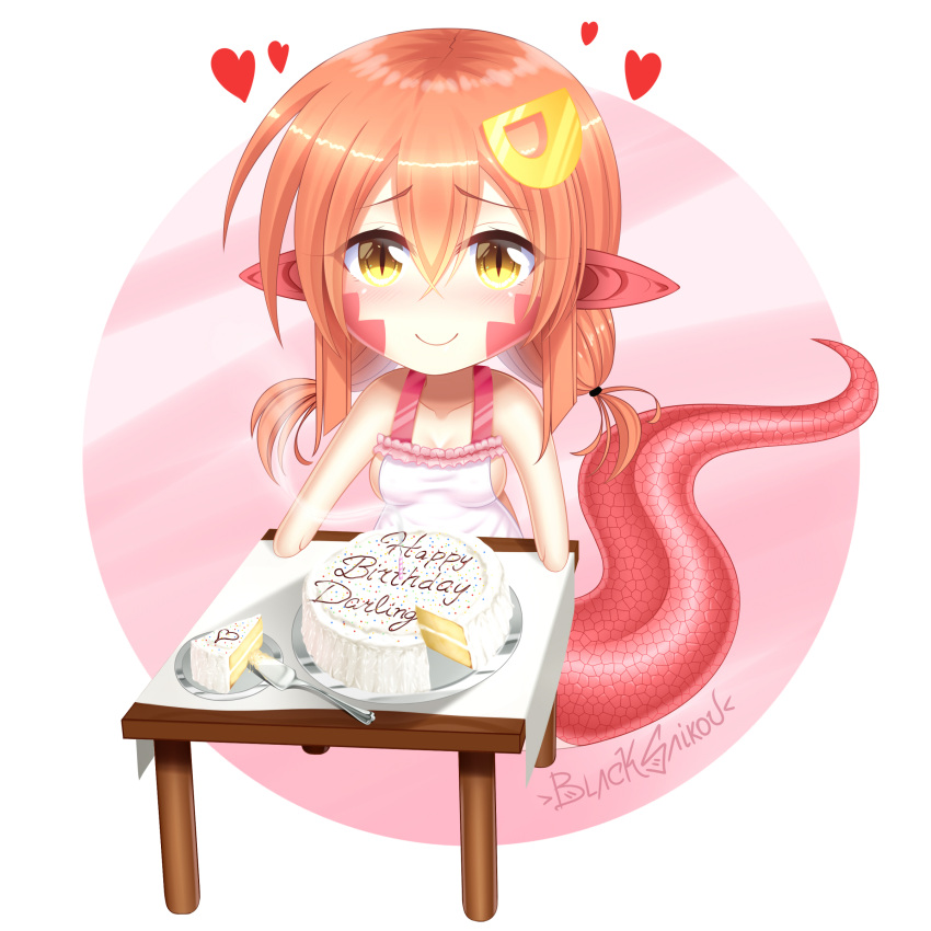 1girl absurdres apron artist_name blacksaikou blush breasts cake chibi cleavage collarbone commentary english_commentary eyebrows_visible_through_hair eyes_visible_through_hair food hair_between_eyes hair_ornament hairclip happy_birthday heart highres lamia long_hair looking_at_viewer low_twintails miia_(monster_musume) monster_girl monster_musume_no_iru_nichijou naked_apron plate pointy_ears redhead slit_pupils smile solo table tablecloth twintails yellow_eyes