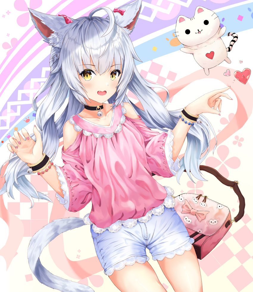 1girl absurdres ahoge animal_ears arms_up bag bangle bell bracelet brown_eyes cat_ears cat_tail choker fang highres jewelry jingle_bell long_hair open_mouth original pink_shirt shirt shorts silver_hair smile solo tail white_shorts