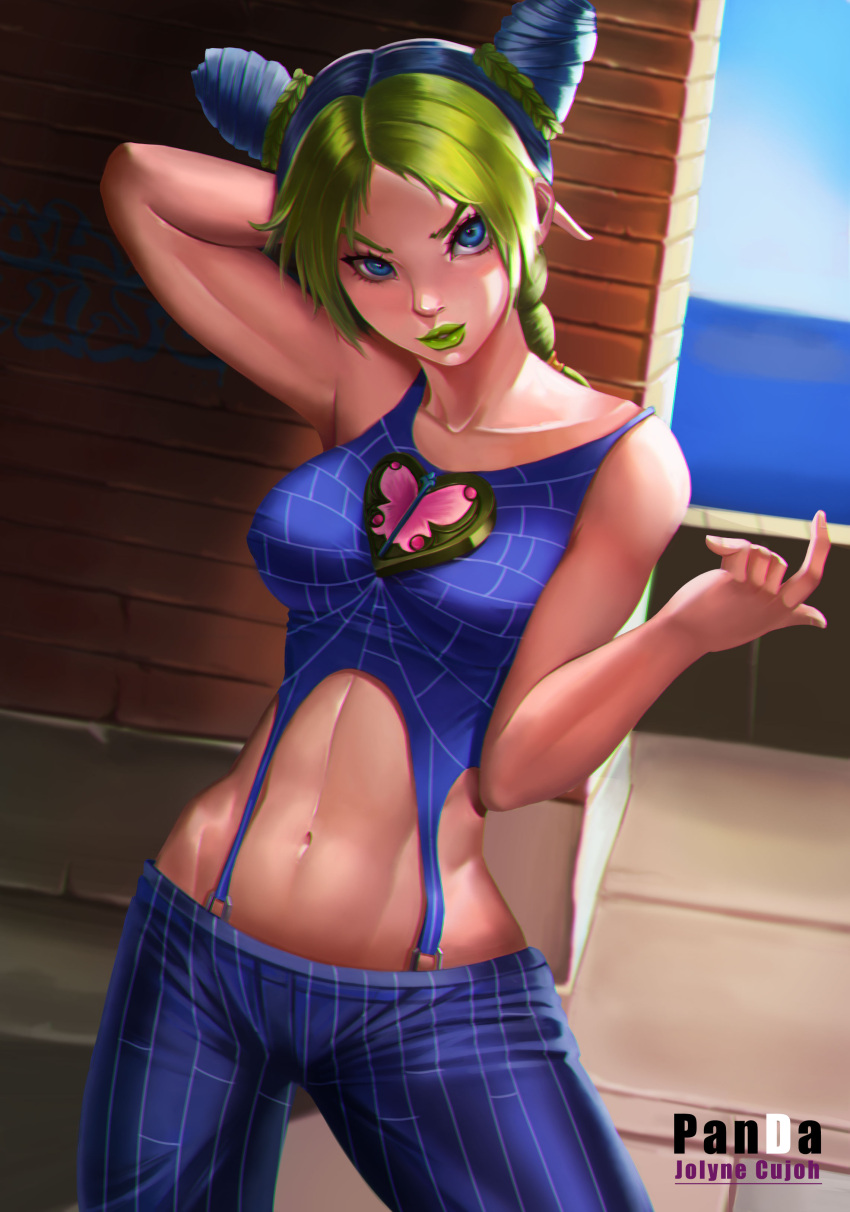 1girl absurdres animal_print arm_behind_head artist_request beckoning blue_eyes blue_hair braid breasts brooch character_name crop_top double_bun green_hair green_lipstick highres hips jewelry jojo_no_kimyou_na_bouken kuujou_jolyne lipstick looking_at_viewer makeup medium_breasts multicolored_hair navel nose pants single_braid solo spider_print stomach suspenders third-party_edit third-party_source third-party_watermark toned two-tone_hair