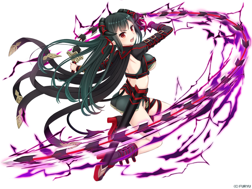 1girl arm_strap arm_up attack bangs belt beltskirt black_cape black_footwear black_shirt boots breasts buckle cape chains commentary_request company_name crop_top demon_girl demon_horns demon_tail eyebrows_visible_through_hair floating_hair from_side full_body green_hair green_shorts holding holding_weapon horn_ribbon horns large_breasts long_hair long_sleeves looking_at_viewer looking_to_the_side magic midriff monmusu_harem namaru_(summer_dandy) official_art open_mouth outstretched_arm pale_skin pointy_ears red_eyes red_ribbon ribbon scabbard serious sheath shiny shiny_hair shirt short_shorts shorts sidelocks simple_background solo tail thigh_strap unsheathed v-shaped_eyebrows very_long_hair weapon whip_sword white_background