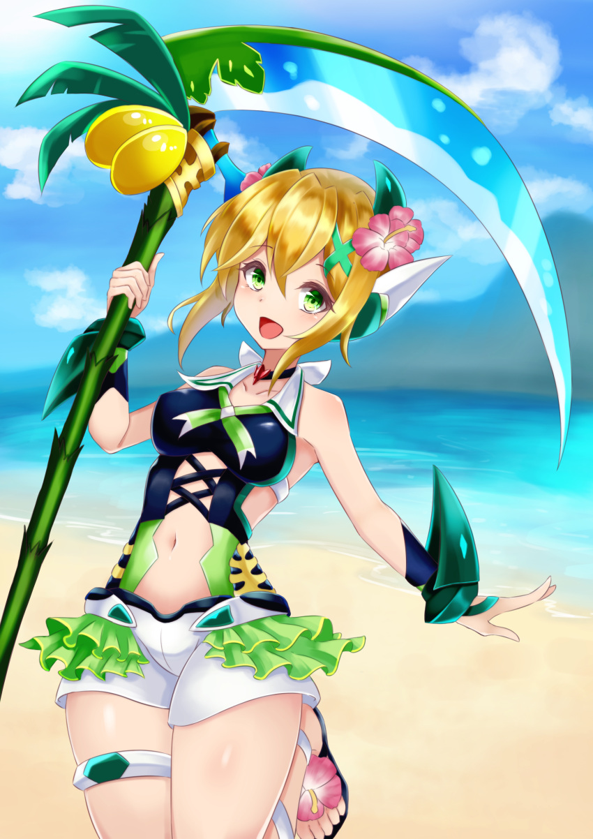 1girl absurdres akatsuki_kirika bare_shoulders beach blonde_hair blush carpathiyo clouds commentary_request day flower frills green_eyes hair_flower hair_ornament headgear highres holding holding_weapon looking_at_viewer navel one-piece_swimsuit open_mouth outdoors sand sandals scythe senki_zesshou_symphogear senki_zesshou_symphogear_xd_unlimited shiny shiny_skin short_hair shorts solo swimsuit water weapon x_hair_ornament