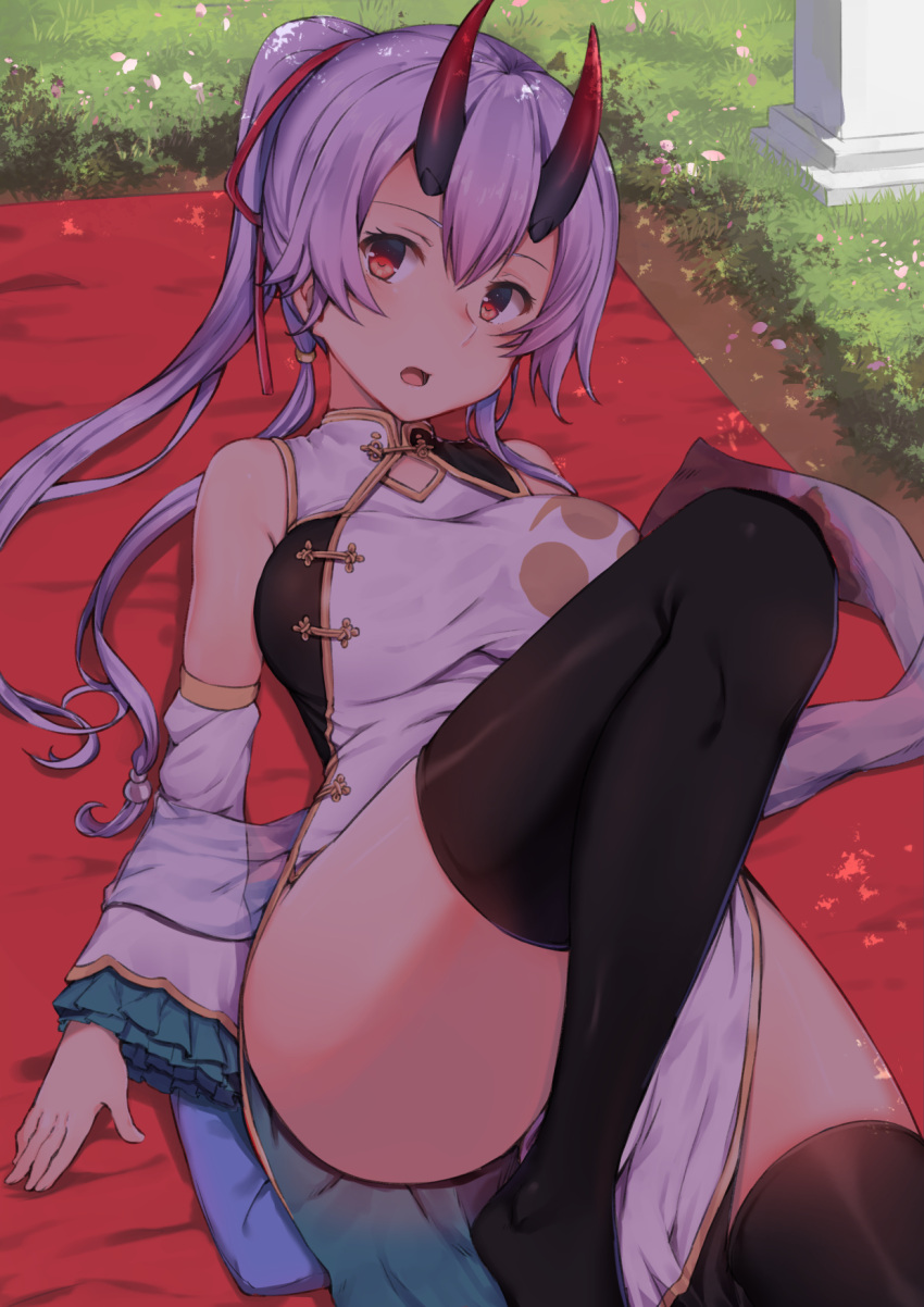 1girl :o bangs bare_shoulders black_legwear blush breasts china_dress chinese_clothes commentary_request dappled_sunlight day detached_sleeves dress fate/grand_order fate_(series) feet_out_of_frame frilled_sleeves frills grass hair_between_eyes hair_ribbon head_tilt heroic_spirit_traveling_outfit highres kaname_(melaninusa09) knee_up large_breasts long_hair long_sleeves lying on_back oni_horns open_mouth outdoors pelvic_curtain ponytail purple_hair red_eyes red_ribbon ribbon shade shawl solo sunlight thigh-highs thighs tomoe_gozen_(fate/grand_order) white_dress