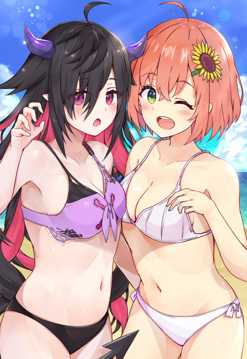 2girls :o ;d bare_arms bare_shoulders beach bikini black_bikini_bottom black_hair blue_sky blush breasts cleavage clouds collarbone commentary_request day demon_tail green_eyes hair_flaps hand_up highres himawari_honma horizon light_brown_hair long_hair medium_breasts multicolored_hair multiple_girls navel nijisanji ocean one_eye_closed open_mouth outdoors pink_hair pointy_ears purple_bikini_top racchi. red_eyes round_teeth sand short_hair side-tie_bikini sky smile swimsuit tail teeth two-tone_hair upper_teeth very_long_hair virtual_youtuber water white_bikini yamiyono_moruru