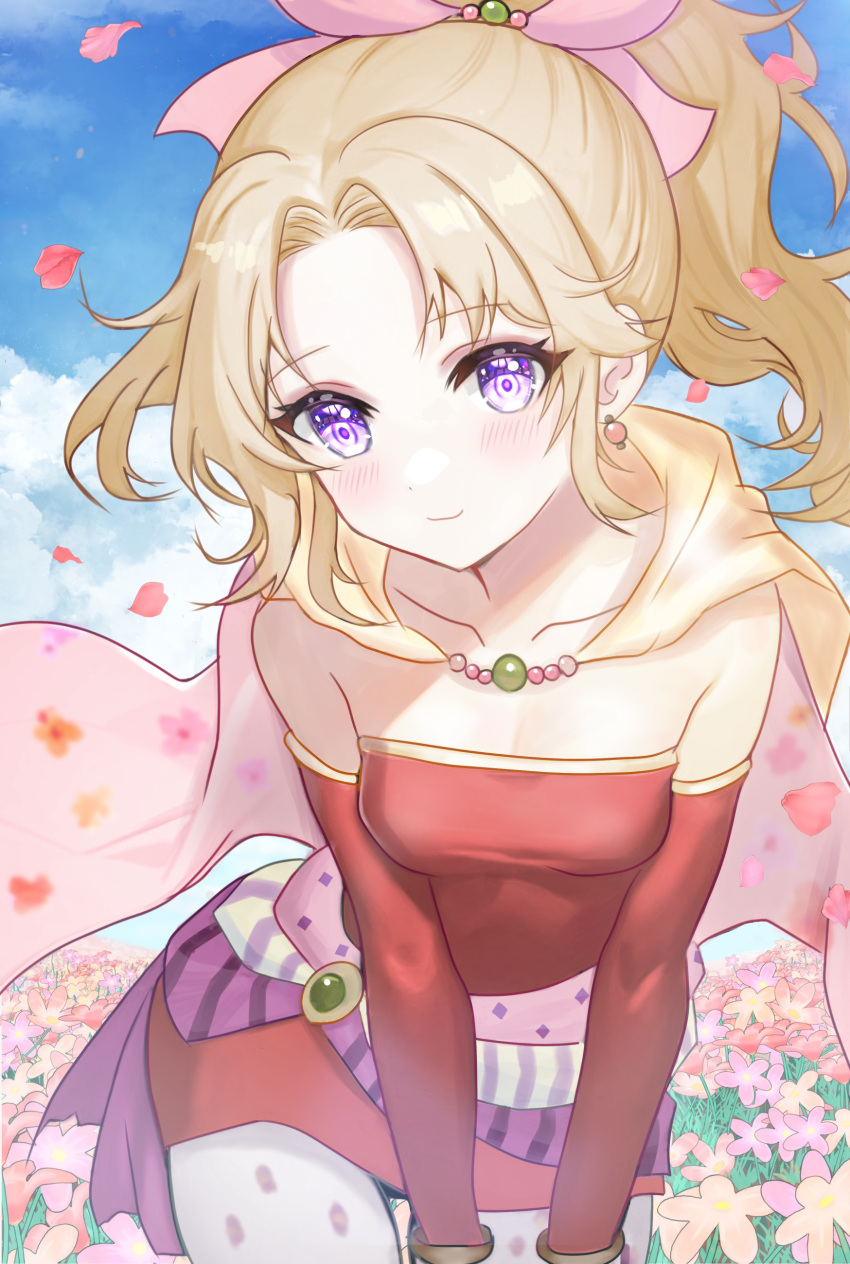 1girl absurdres bare_shoulders blonde_hair blue_sky breasts cape detached_sleeves dress earrings eyelashes final_fantasy final_fantasy_vi flower highres jewelry long_hair looking_at_viewer petals ponytail red_dress sky small_breasts smile solo strapless strapless_dress terra_branford violet_eyes yua_666666