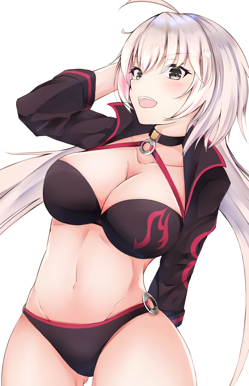 1girl :d ahoge arm_up bangs bikini black_bikini black_choker black_jacket blush breasts choker cleavage collarbone commentary_request eyebrows_visible_through_hair fate/grand_order fate_(series) green_eyes groin hair_between_eyes highres jacket jeanne_d'arc_(alter_swimsuit_berserker) jeanne_d'arc_(fate)_(all) large_breasts long_hair long_sleeves looking_at_viewer navel o-ring o-ring_bikini o-ring_bottom o-ring_top open_mouth silver_hair siroimo0828 smile solo swimsuit upper_teeth very_long_hair