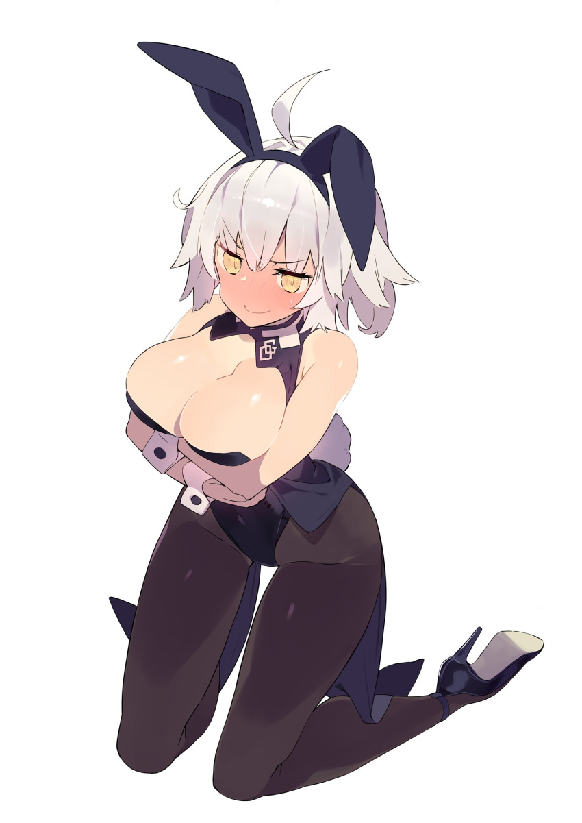1girl ahoge alternate_costume animal_ears bare_shoulders black_legwear black_leotard breast_hold breasts bunny_girl bunny_tail bunnysuit cleavage commentary_request detached_collar embarrassed eyebrows_visible_through_hair fake_animal_ears fate/grand_order fate_(series) hair_between_eyes hajime_(hajime-ill-1st) high_heels highres jeanne_d'arc_(alter)_(fate) jeanne_d'arc_(fate)_(all) kneeling large_breasts leotard looking_at_viewer pantyhose rabbit_ears silver_hair simple_background smile tail wavy_mouth white_background wrist_cuffs yellow_eyes