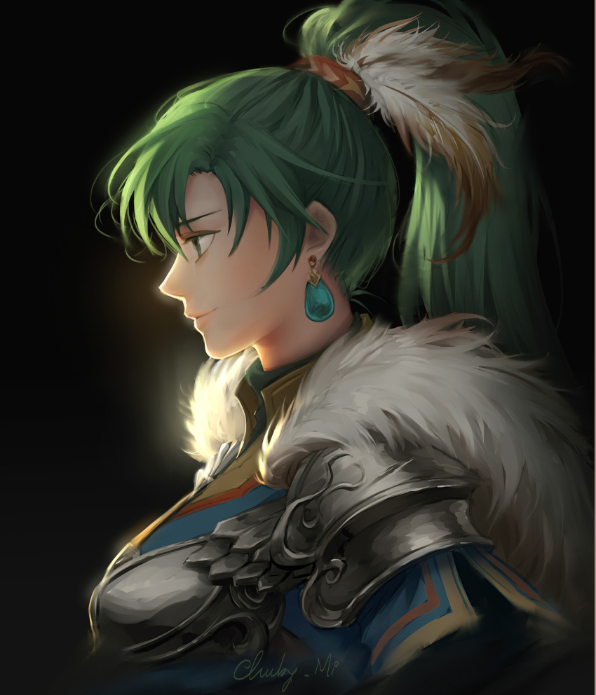 1girl armor bangs black_background blue_tunic breastplate chuby_mi earrings fire_emblem fire_emblem:_rekka_no_ken fire_emblem_heroes from_side fur_trim green_eyes green_hair hair_tie high_collar high_ponytail highres jewelry long_hair lyndis_(fire_emblem) pink_lips ponytail portrait profile shoulder_armor signature smile tied_hair