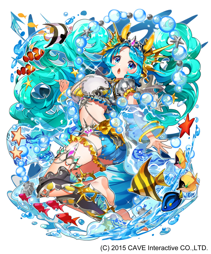 1girl :o absurdly_long_hair absurdres air_bubble akiru_(hokuouhuuhu) anklet aqua_hair bangs barefoot black_legwear blue_eyes breasts bubble clownfish frills full_body gothic_wa_mahou_otome hair_ornament headpiece highres jewelry large_breasts long_hair looking_at_viewer midriff official_art parted_bangs seashell shell shirt_sleeves solo sparkle starfish thigh_strap tiara tropical_fish very_long_hair water watermark