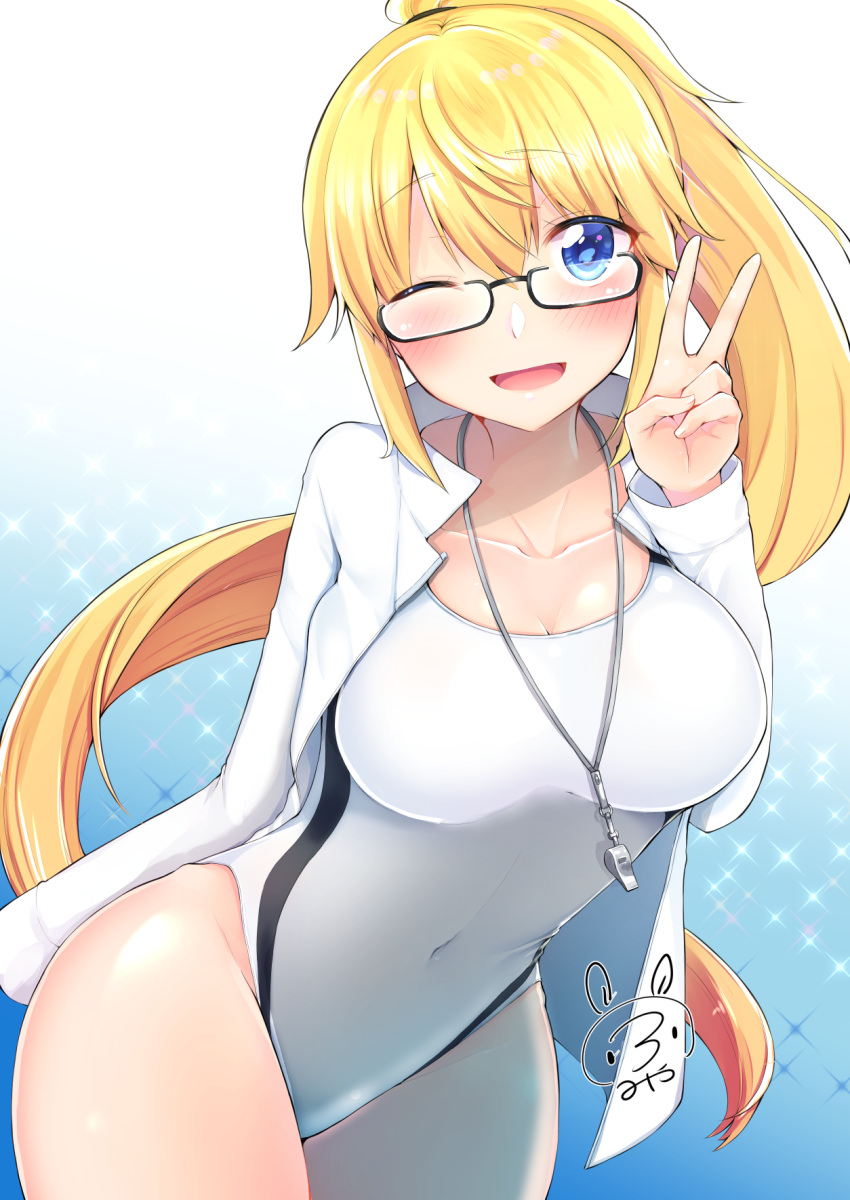1girl bespectacled black-framed_eyewear blonde_hair blue_background blue_eyes bunsai competition_swimsuit covered_navel cowboy_shot fate/apocrypha fate/grand_order fate_(series) glasses gradient gradient_background highres jacket jeanne_d'arc_(fate) jeanne_d'arc_(fate)_(all) looking_at_viewer one-piece_swimsuit open_mouth ponytail semi-rimless_eyewear signature smile solo sparkle_background swimsuit swimsuit_under_clothes track_jacket under-rim_eyewear whistle white_background white_jacket white_swimsuit