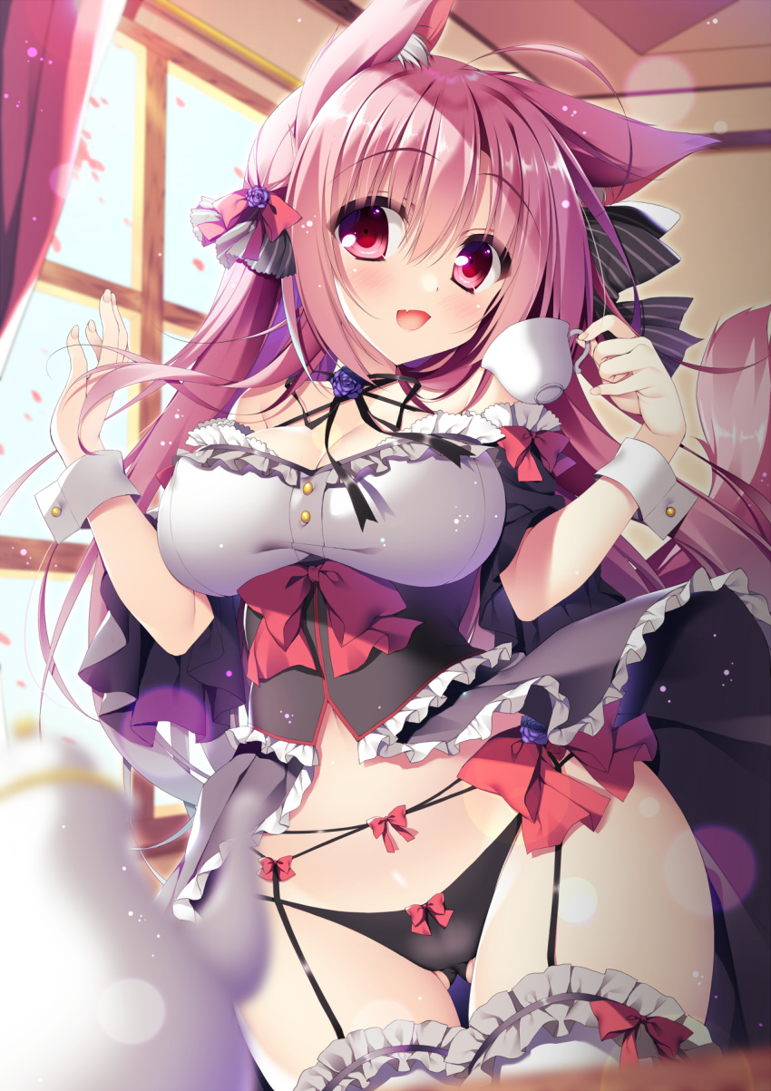 1girl :d ahoge animal_ears ass_visible_through_thighs bangs black_panties black_ribbon blush bow bow_panties breasts buttons cleavage covered_nipples cup curtains eyebrows_visible_through_hair fang fingernails flower fox_ears fox_girl fox_tail frills garter_belt garter_straps hair_between_eyes hair_bow highres holding holding_cup indoors light_particles long_hair medium_breasts open_mouth original panties pink_eyes pink_hair purple_flower purple_rose red_bow ribbon rose smile solo tail tail_raised teacup thigh-highs thigh_gap underwear white_legwear window wrist_cuffs yatanukikey