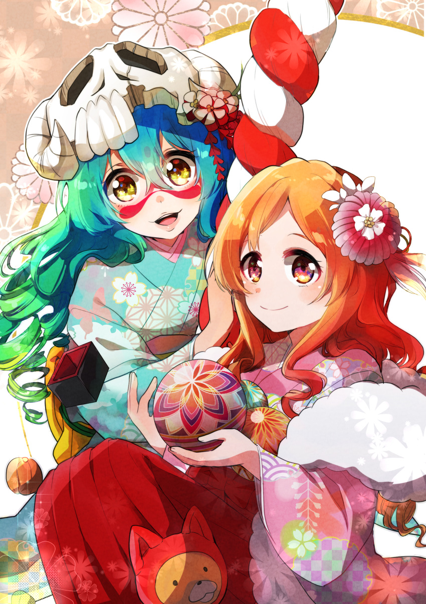 2girls :d absurdres bleach blush brown_eyes commentary_request curly_hair floral_print flower fur-trimmed_kimono fur_trim furisode green_hair hair_flower hair_ornament highres inoue_orihime japanese_clothes kimono long_hair looking_at_viewer multiple_girls nelliel_tu_odelschwanck open_mouth orange_hair skull_hat smile umi_(pixiv6861961) yellow_eyes