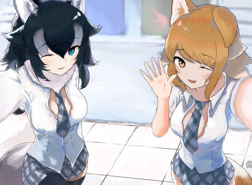 2girls alternate_costume animal_ears black_hair blue_eyes brown_eyes brown_hair collared_shirt commentary_request cowboy_shot dnsdltkfkd ear_down eyebrows_visible_through_hair fang fur_collar grey_hair grey_wolf_(kemono_friends) highres italian_wolf_(kemono_friends) kemono_friends long_hair loose_necktie multicolored_hair multiple_girls necktie one_eye_closed plaid plaid_neckwear pleated_skirt self_shot shirt short_sleeves skirt tail waving white_hair wolf_ears wolf_tail