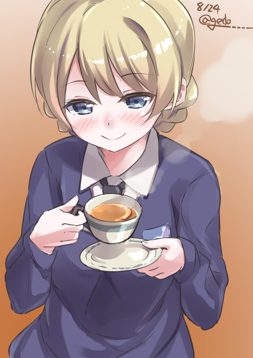 1girl bangs black_neckwear blonde_hair blue_eyes blue_sweater blush braid brown_background closed_mouth commentary cup darjeeling dated dress_shirt emblem eyebrows_visible_through_hair gedoo_(gedo) girls_und_panzer highres holding holding_cup long_sleeves looking_at_viewer necktie saucer school_uniform shirt short_hair smile solo st._gloriana's_school_uniform sweater tea teacup tied_hair twin_braids twitter_username upper_body v-neck white_shirt wing_collar