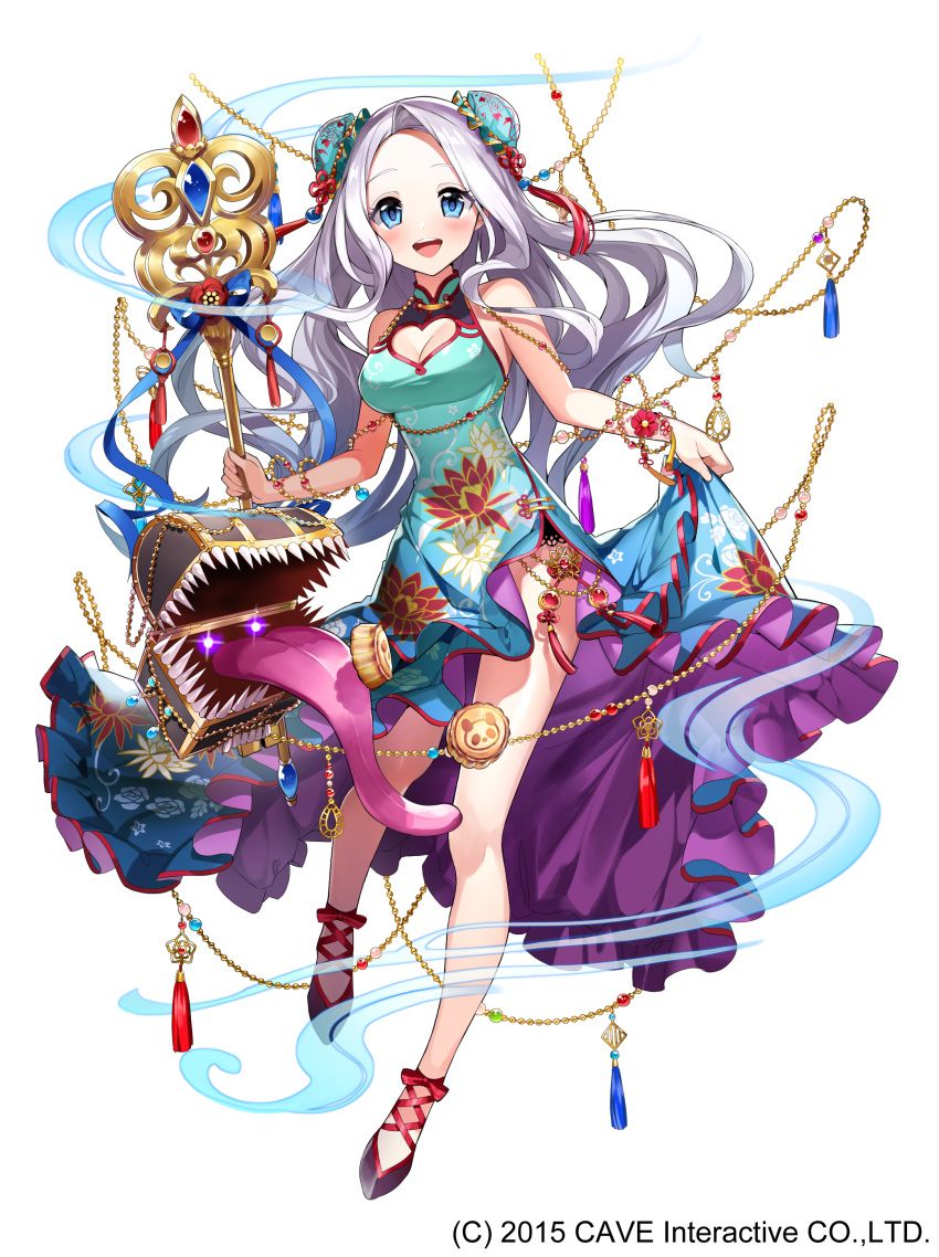 1girl absurdres akiru_(hokuouhuuhu) aqua_dress blue_eyes breasts bun_cover cleavage double_bun dress floral_print full_body gothic_wa_mahou_otome heart_cutout highres holding holding_staff jewelry long_hair looking_at_viewer medium_breasts mimic mimic_chest official_art silver_hair skirt_hold solo staff standing standing_on_one_leg tassel tongue tongue_out very_long_hair watermark