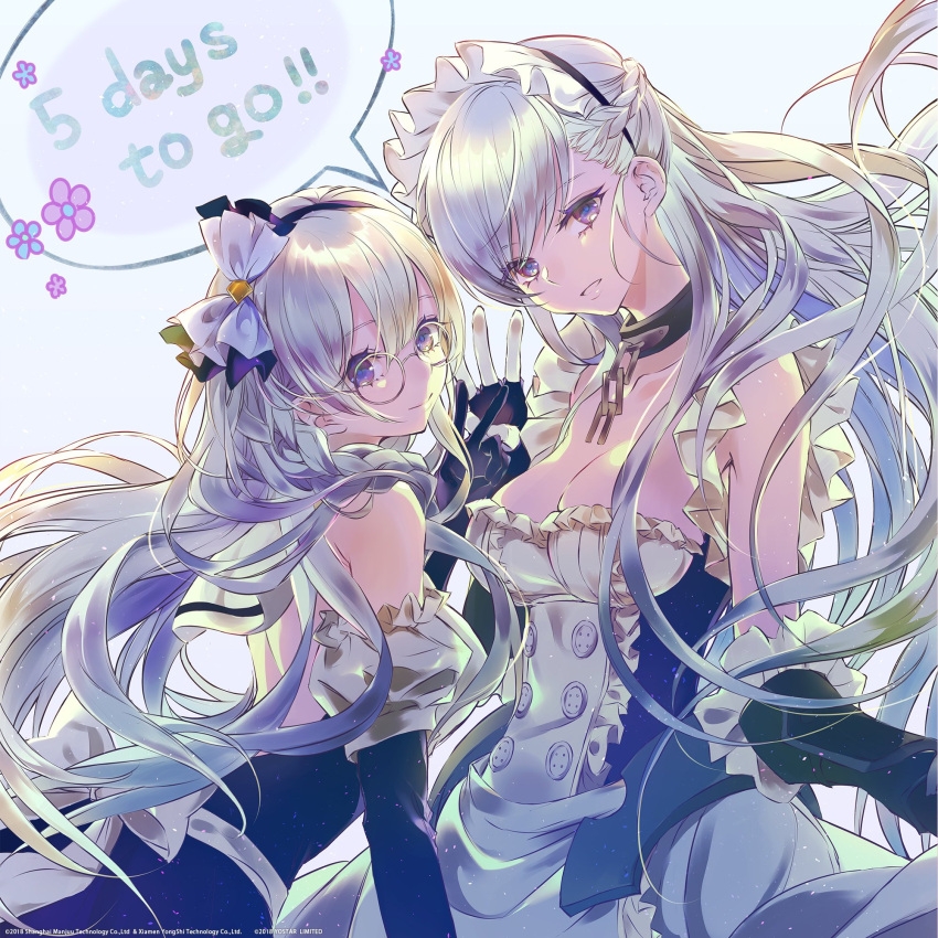 2girls apron azur_lane backless_dress backless_outfit bangs bare_shoulders belfast_(azur_lane) black_gloves bow braid breasts buttons chains cleavage closed_mouth collar collarbone corset countdown detached_sleeves dress edinburgh_(azur_lane) elbow_gloves eyebrows_visible_through_hair eyelashes fingerless_gloves flower french_braid frilled_apron frilled_gloves frills glasses gloves hair_bow hair_ornament highres long_hair long_sleeves looking_at_viewer maid maid_apron maid_headdress multiple_girls open_mouth round_eyewear sailor_collar silver_hair sleeveless sleeveless_dress smile speech_bubble tsukioka_tsukiho very_long_hair violet_eyes waist_apron watermark white_apron white_gloves