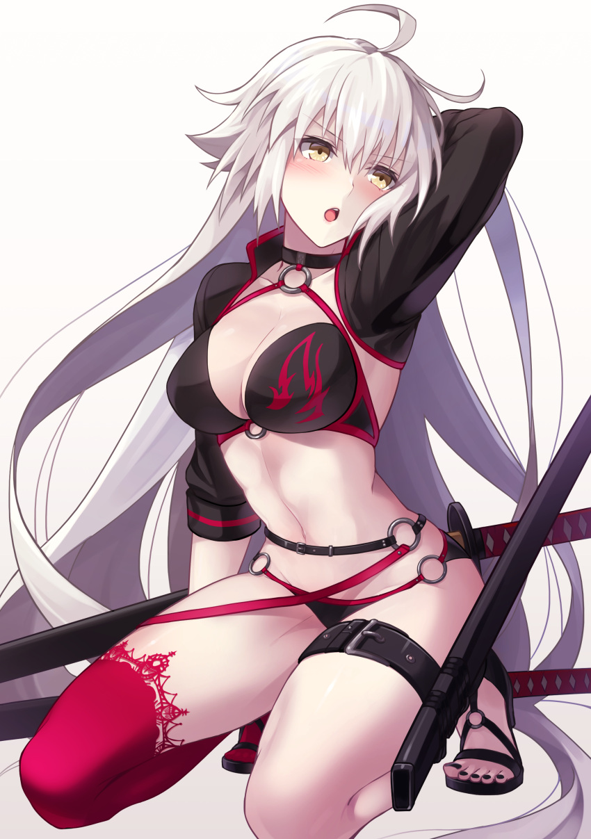 1girl absurdres ahoge bikini black_bikini black_jacket blush breasts choker cleavage collarbone commentary_request cropped_jacket eyebrows_visible_through_hair fate/grand_order fate_(series) highres jacket jeanne_d'arc_(alter_swimsuit_berserker) katana kneeling large_breasts looking_back midriff navel o-ring pale_skin sheath simple_background solo swimsuit sword thigh_strap thighs toujou_masateru weapon yellow_eyes