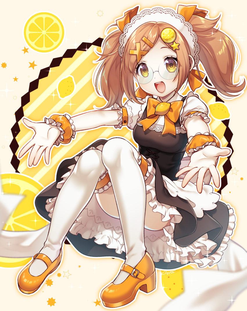 1girl :d apron black_dress blush bow brown_eyes brown_hair collared_shirt commentary_request dress food food_themed_hair_ornament frilled_legwear fruit glasses hair_ornament hairclip high_heels highres lemon lemon_hair_ornament lemon_slice long_hair maid_headdress mary_janes open_mouth orange_bow orange_footwear original outstretched_arms personification puffy_short_sleeves puffy_sleeves round_eyewear round_teeth sakura_chiyo_(konachi000) shirt shoes short_sleeves signature sitting sleeveless sleeveless_dress smile solo star star_hair_ornament teeth thigh-highs twintails upper_teeth waist_apron white_apron white_legwear white_shirt x_hair_ornament