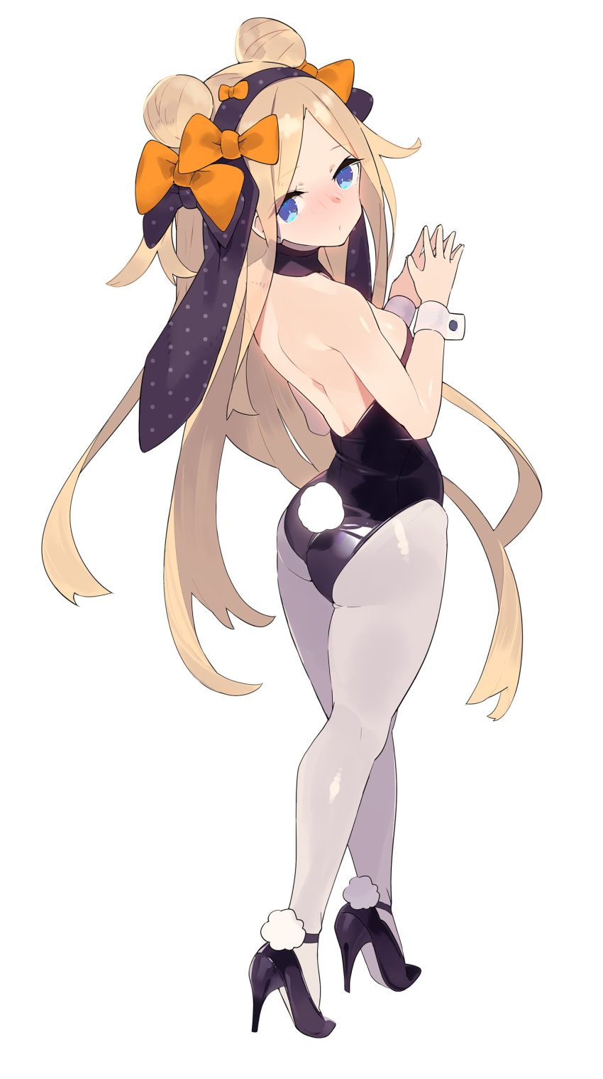 1girl abigail_williams_(fate/grand_order) absurdres alternate_costume animal_ears ass bangs bare_shoulders black_leotard blonde_hair blue_eyes breasts bunny_girl bunny_tail bunnysuit closed_mouth double_bun fake_animal_ears fate/grand_order fate_(series) from_behind hajime_(hajime-ill-1st) hands_together high_heels highres leotard long_hair looking_at_viewer pantyhose parted_bangs rabbit_ears small_breasts standing strapless strapless_leotard tail very_long_hair wrist_cuffs