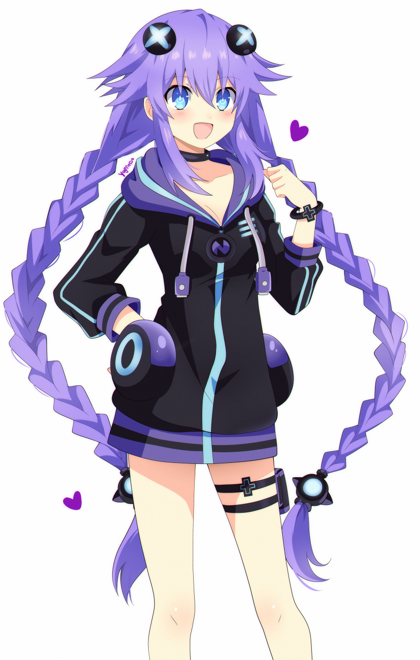 1girl absurdres adult_neptune adult_neptune_(cosplay) black_choker blue_eyes blush bracelet braid caro-xy choker cosplay hair_ornament heart highres hood hood_down hooded_jacket huge_filesize jacket jewelry long_hair looking_at_viewer neptune_(series) open_mouth power_symbol purple_hair purple_heart shin_jigen_game_neptune_vii short_hair sidelocks simple_background smile solo symbol-shaped_pupils thigh_strap twin_braids very_long_hair white_background