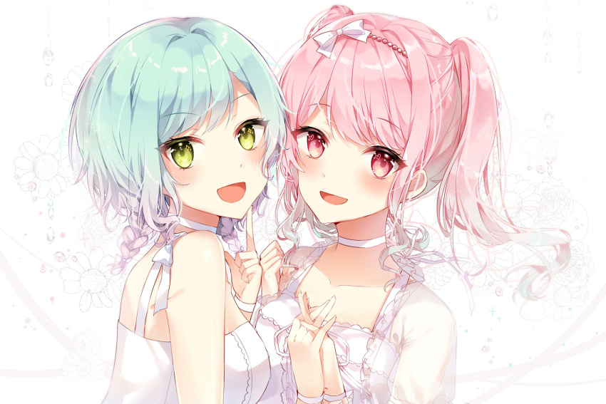 2girls :d aqua_hair bang_dream! bangs blush bow bracelet choker commentary_request droplet eyebrows_visible_through_hair green_eyes hair_bow hairband hand_holding hands_up highres hikawa_hina index_finger_raised interlocked_fingers jewelry looking_at_viewer maruyama_aya multiple_girls open_mouth pink_eyes pink_hair side_braids sidelocks smile taya_5323203 twintails upper_body white_bow white_choker