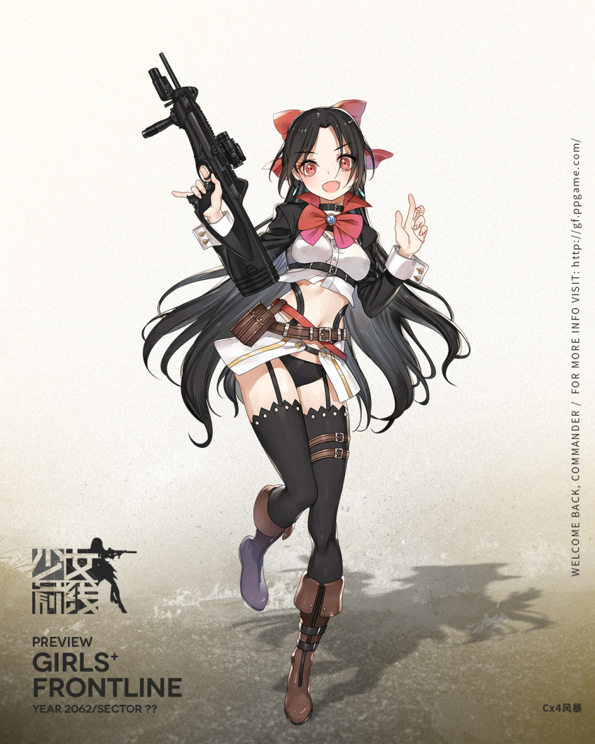 1girl ammunition_pouch bangs belt beretta_cx4 black_hair black_jacket black_legwear black_panties boots bow bowtie breasts brown_footwear choker collar copyright_name crop_top cropped_jacket cx4_storm_(girls_frontline) earrings eyebrows_visible_through_hair fang foregrip full_body garter_straps garters girls_frontline gun haijin hair_bow hair_ribbon hand_up high_collar highres holding holding_gun holding_weapon jacket jewelry knee_boots logo long_hair long_sleeves looking_at_viewer medium_breasts midriff miniskirt navel official_art open_clothes open_mouth open_skirt panties parted_bangs pinky_out pouch red_bow red_eyes red_neckwear red_ribbon ribbon rifle sapphire_(stone) sidelocks skirt sleeve_cuffs smile solo standing standing_on_one_leg stomach strap stud_earrings thigh-highs thigh_strap trigger_discipline underbust underwear utility_belt very_long_hair weapon white_crop_top wrist_cuffs