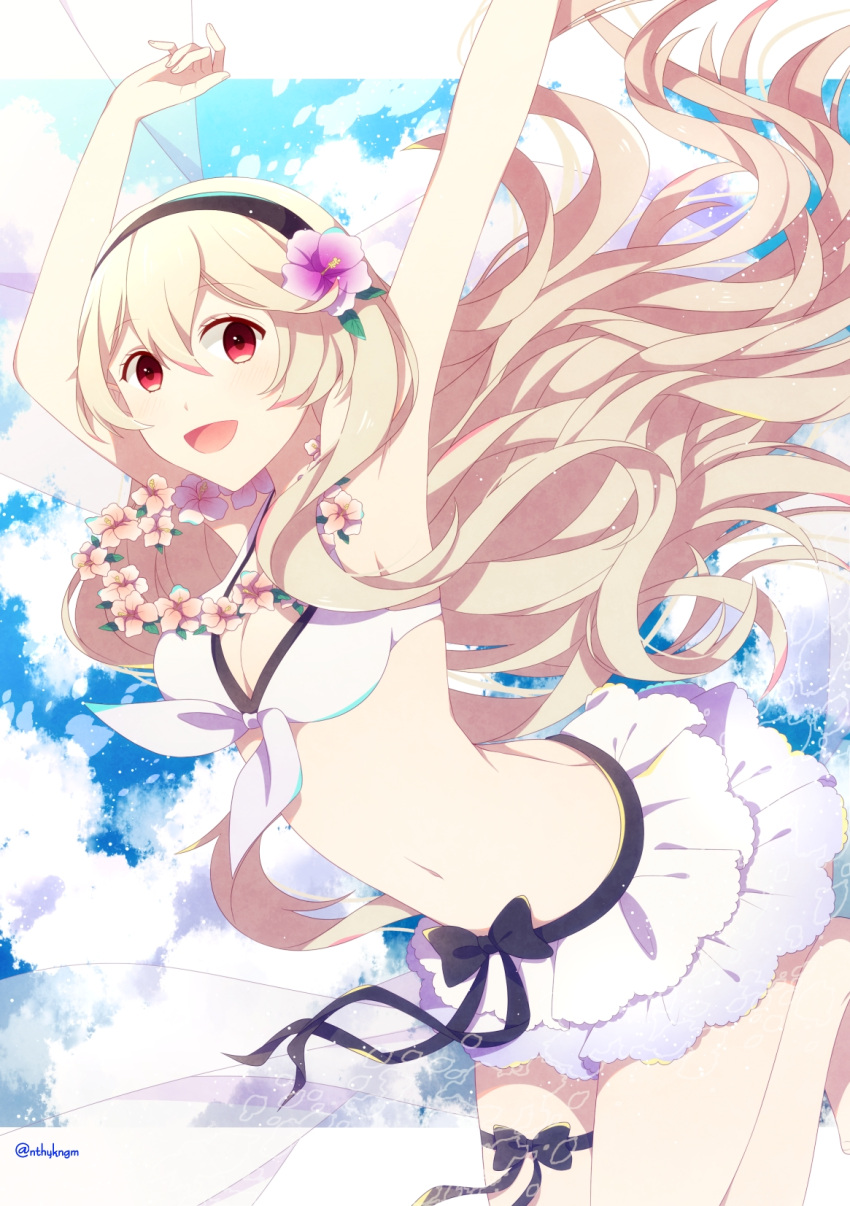 armpits arms_up bikini breasts cleavage clouds cloudy_sky crml_orng female_my_unit_(fire_emblem_if) fire_emblem fire_emblem_heroes fire_emblem_if flower frilled_bikini frills hair_flower hair_ornament hairband highres jumping lei long_hair medium_breasts midriff my_unit_(fire_emblem_if) navel open_mouth red_eyes silver_hair sky smile super_smash_bros. swimsuit thigh_strap twitter_username veil white_bikini