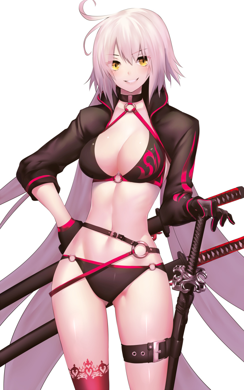 1girl absurdly_long_hair asymmetrical_legwear bikini black_bikini black_gloves blush breasts cleavage collarbone cowboy_shot eyebrows_visible_through_hair fate/grand_order fate_(series) floating_hair gloves gluteal_fold grin groin hair_between_eyes hand_on_hip highres jeanne_d'arc_(alter_swimsuit_berserker) large_breasts long_hair looking_at_viewer navel o-ring o-ring_bikini rahato red_legwear sheath sheathed silver_hair simple_background smile solo standing swimsuit sword thigh-highs thigh_strap very_long_hair weapon white_background yellow_eyes
