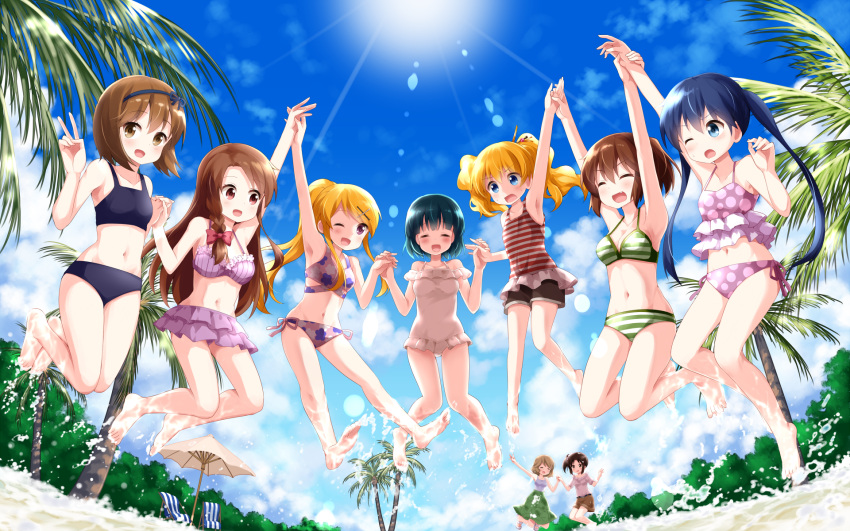 6+girls :d ;d ^_^ alice_cartelet arms_up barefoot beach beach_chair beach_umbrella bikini bikini_skirt blonde_hair blue_eyes blue_hair blue_sky blush braid brown_eyes brown_hair character_request closed_eyes closed_eyes clouds commentary_request day frilled_swimsuit frills hand_holding highres inokuma_youko jumping kin-iro_mosaic komichi_aya kujou_karen long_hair matsubara_honoka multiple_girls navel one-piece_swimsuit one_eye_closed oomiya_shinobu open_mouth outdoors palm_tree ponytail ruu_(tksymkw) short_hair shorts side_braid sky smile sun sunlight swimsuit tree twintails umbrella v