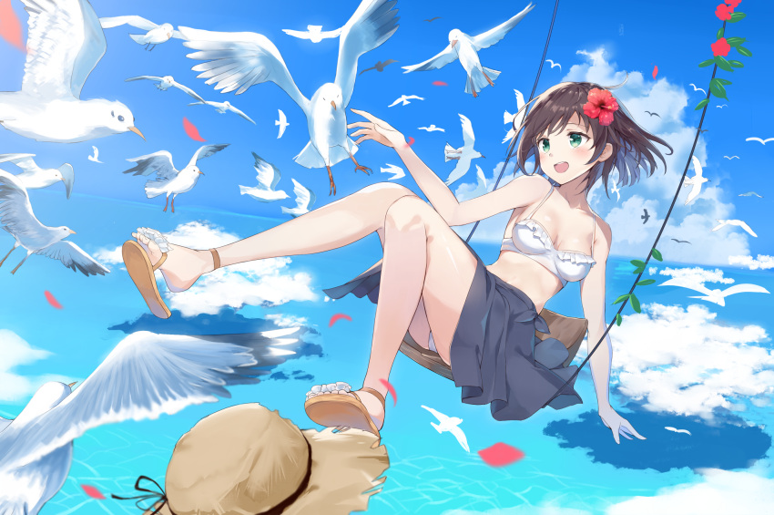1girl :d animal bangs bikini bikini_under_clothes bird blue_sky blush brown_hair clouds commentary_request day eyebrows_visible_through_hair fingernails flower flying green_eyes grey_skirt hair_flower hair_ornament hat hat_removed headwear_removed highres horizon kooan looking_away ocean open_mouth original outdoors petals red_flower revision round_teeth sandals seagull sitting skirt sky smile solo straw_hat summer swimsuit swing teeth toenails upper_teeth water white_bikini