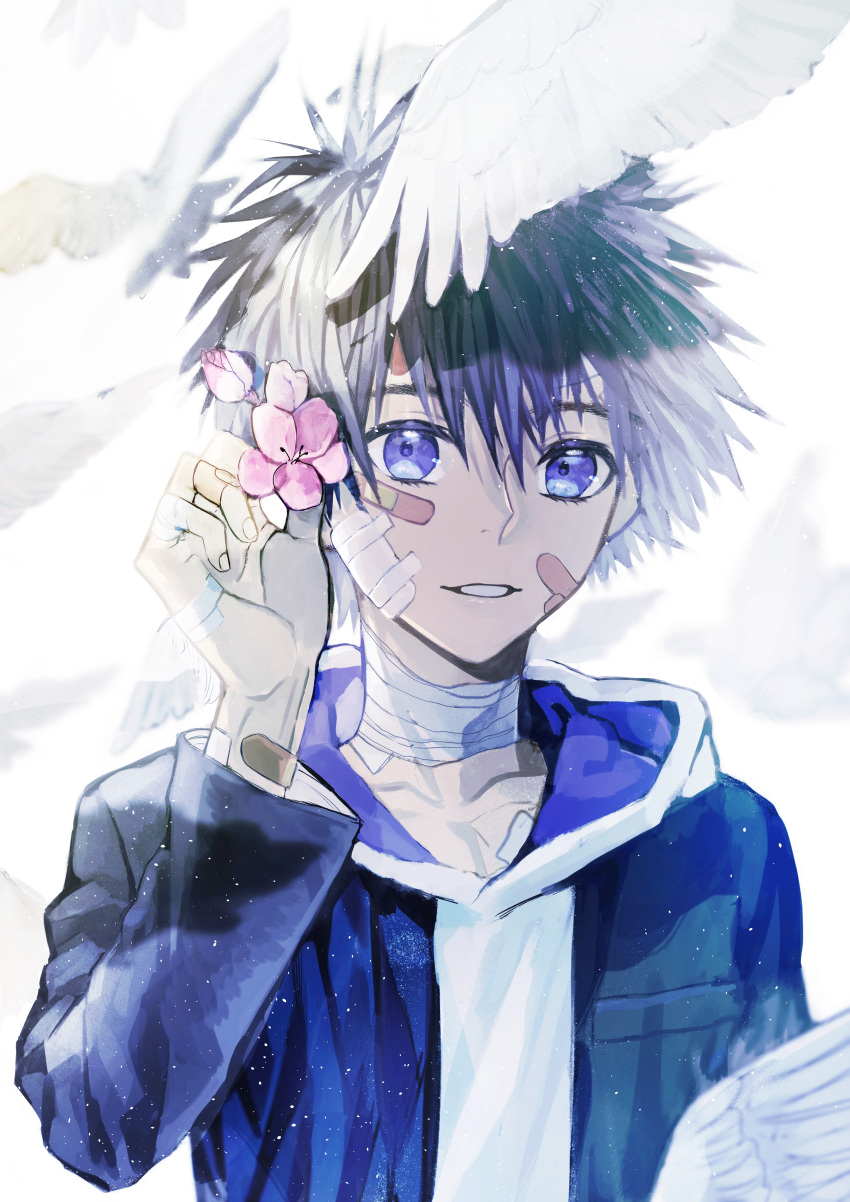 1boy absurdres bandage bandaged_fingers bandages bandaid bandaid_on_arm bandaid_on_face bandaid_on_finger bird blue_eyes blue_hair dove flower hair_flower hair_ornament hand_up highres kamijou_touma looking_at_viewer male_focus parted_lips spiky_hair to_aru_majutsu_no_index untit upper_body
