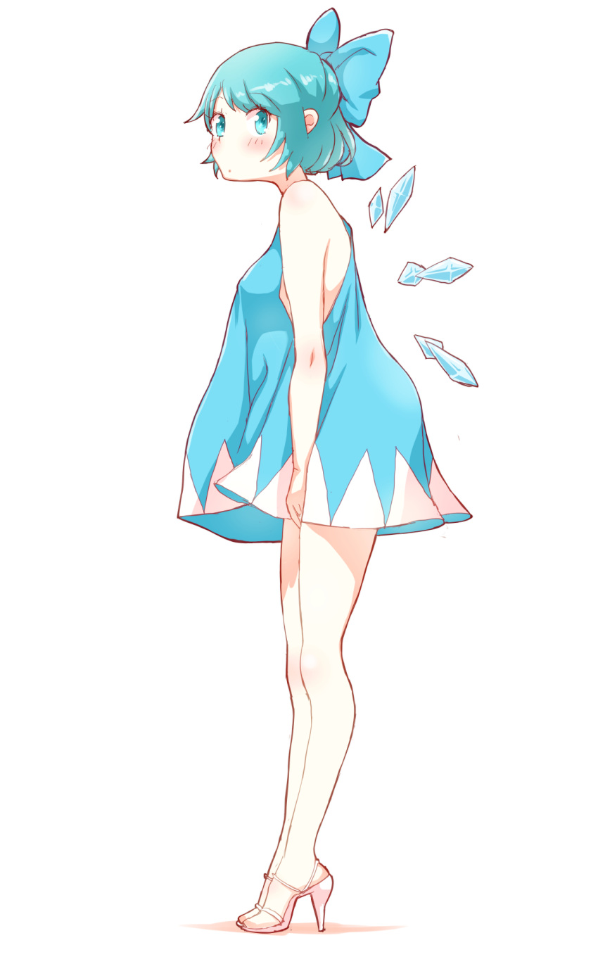 alternate_breast_size blue_eyes blue_hair blush bow breasts cirno dress hair_bow high_heels highres ice ice_wings looking_at_viewer medium_breasts non_(z-art) short_hair simple_background sleeveless sleeveless_dress touhou wings