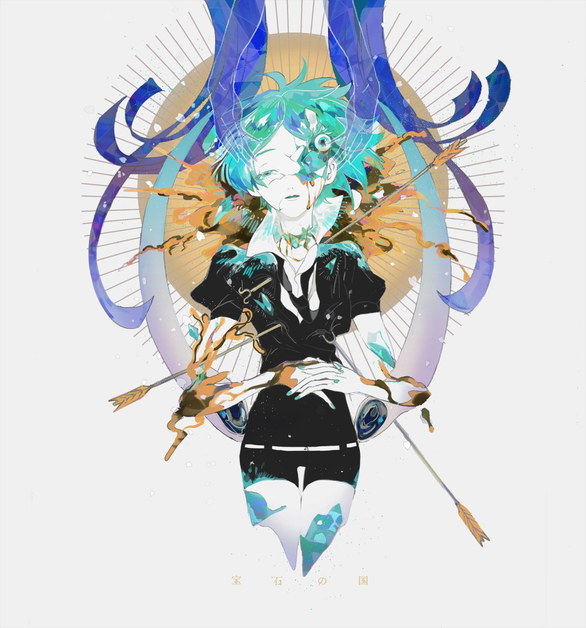 1other androgynous arrow broken colored_eyelashes copyright_name decapitation eyeball gem_uniform_(houseki_no_kuni) gold green_eyes green_hair highres houseki_no_kuni lapis_lazuli_(houseki_no_kuni) looking_at_viewer missing_limb necktie phosphophyllite shards short_hair spoilers